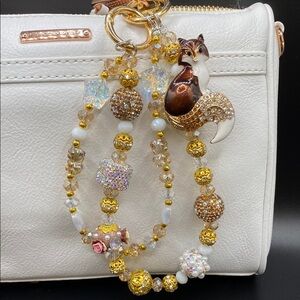 🦊 Brown Fox Bag Charm Chain, Phone Chain, Keychain Bling Crystal Beads, Gold
